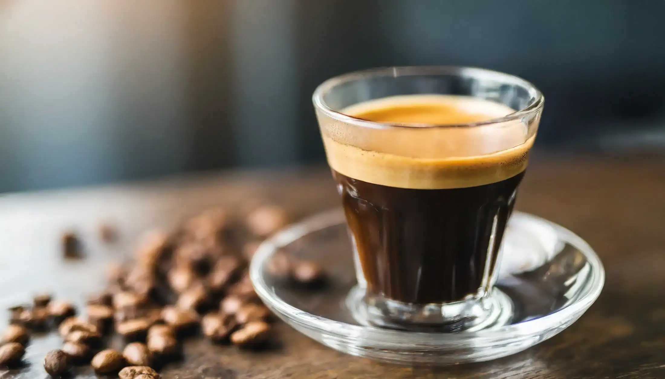 Glass med espresso og kaffebønner strødd rundt