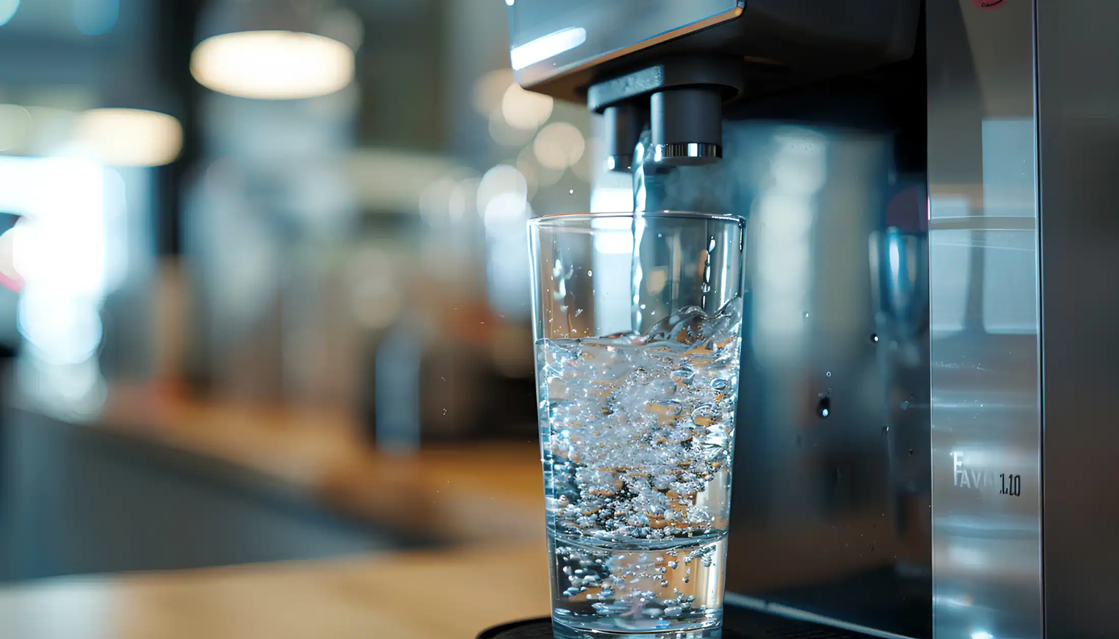 Vannglass blir fylt opp med kullsyrevann fra vanndispenser